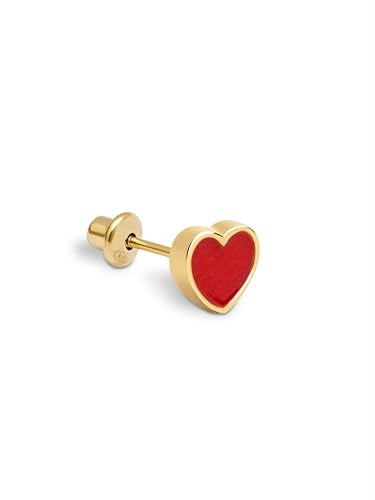 SINGULARU - Brinco solto Heart Red Enamel. Motivo coração em prata de lei 925 com acabamento em casa de banho de ouro de 18 Kt. Fecho de rosca. Joias para mulher, Ouro amarelo, Sem pedra preciosa