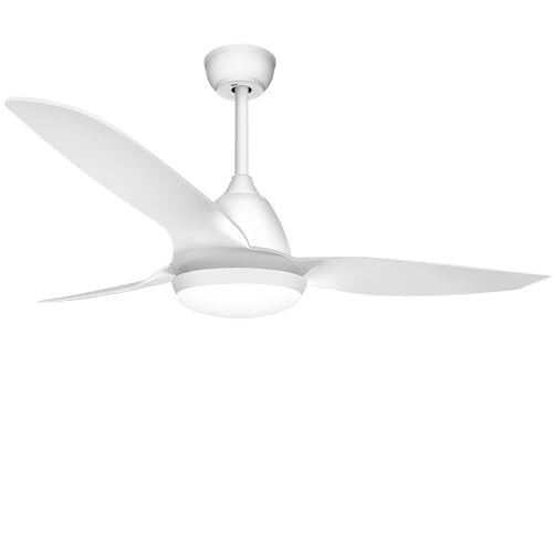 snsok Ventoinha de teto com luz silenciosa, motor DC, 6 velocidades, 3 cores, temporizador, modo de risa natural, altura dupla, ideal para o verão e inverno (branco, 132 cm)