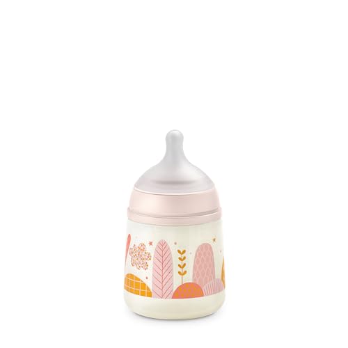 Suavinex, Biberão de 150 ml. Biberão de silicone SX Pro com cetina física, com válvula anticólica. Biberão com cetina de fluxo lento, S. Para bebés + 0 meses. Sonhos rosa