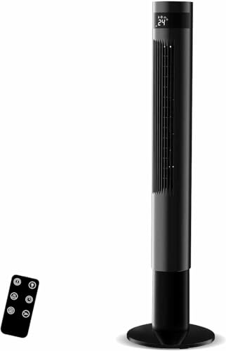 Vidacharmy Ventoinha de torre de 110 cm, turbo 7,8 m/s arrefecimento rápido, 4 modos, ultra silencioso 26 dB, oscilação de 85°, temporizador de 12H, controlo remoto LED, baixo consumo, preto elegante