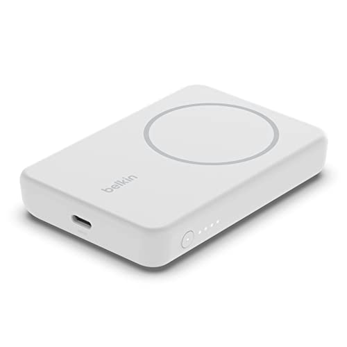 Belkin bateria externa magnética de 5000 mAh, carregador portátil compatível com MagSafe, pass-through, power bank com saída de 7,5 W e entrada de 10 W, suporte removível, iPhone série 16, 15, 14, 13