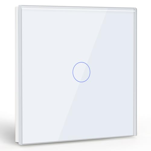 BSEED Interruptor de luz 1 gangue 1 via, sem interruptor WiFi, interruptores táteis parede branco com indicador LED, interruptores de luz com painel de vidro temperado, sem cabo neutro
