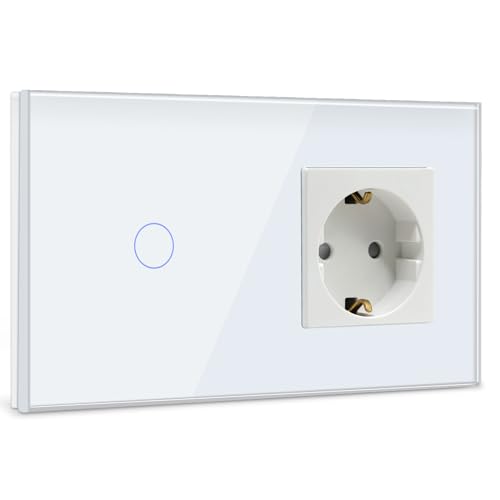 BSEED Interruptor com tomada, 1 Gang 1 via interruptor de luz com tomada de parede, brancointerruptor tátil de luz de parede com indicador LED, tomadas de extensão com painel de vidro temperado 500 W