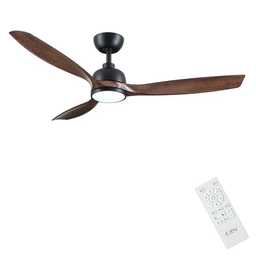 CJOY Ventoinha de teto com luz, 132 cm, ventilador de teto com controlo remoto, preto de madeira, 3 pás, 6 velocidades, memória 3 CCT, regulável, silencioso reversível CC, modo de sleep, para quarto