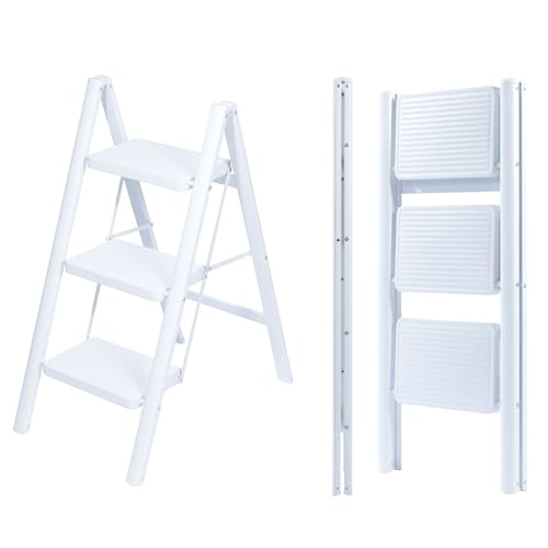 UZIRO Escada dobrável 3 degraus, escadas decorativas, degraus largos antiderrapantes, ideal para uso em casa, cozinha e escritório, fácil de guardar e transportar, resistente (branco, 3 quedas)