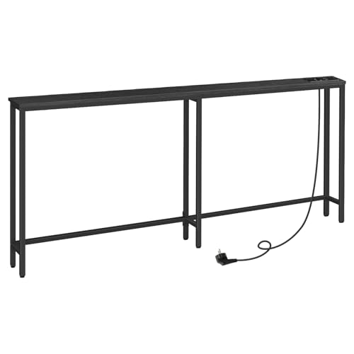 HOOBRO Mesa de consola estreita com tomada de energia e porta USB, mesa de entrada com estação de carregamento, mesa de sofá, mesa auxiliar, para entrada, corredor, sala de estar, preto EBB185CXG01