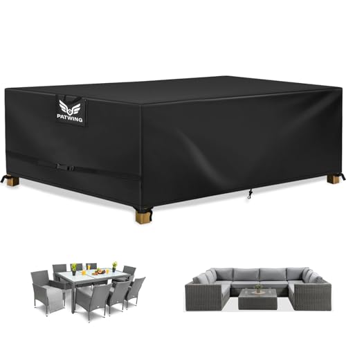 PATWING Capa para móveis de exterior impermeável, 600D Oxford capa de mesa de jardim impermeável, resistente ao vento contra raios anti-UV capa protetora móveis e jardim (308 * 138 * 98 cm modelo