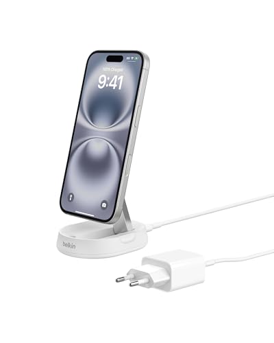 Belkin BoostCharge Pro Suporte de carregamento rápido conversível de 15 W, carregador sem fios Qi2, carregador magnético compatível com MagSafe para iPhone 16, 15, AirPods, adaptador de 20 W incluído