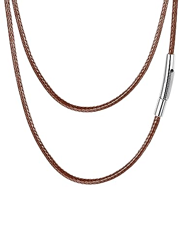 FaithHeart Colar de couro para pingente corrente de couro homem mulher com fecho de metal aço inoxidável 316L colar fino preto/castanho 2 mm / 3 mm largura 40-75 cm comprimento