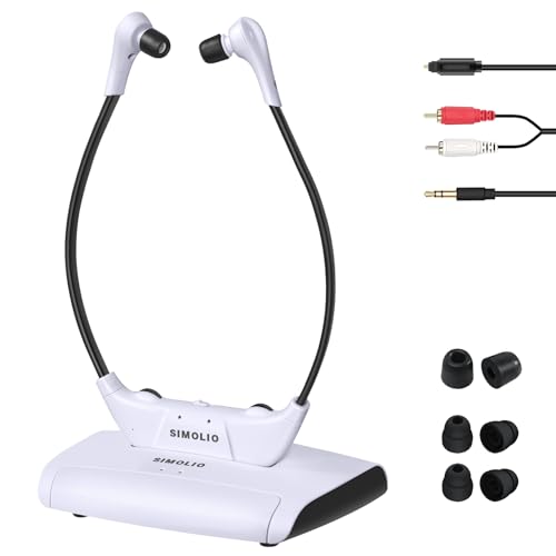 SIMOLIO Auriculares sem fios TV/PC para idosos com diálogos melhorados, capacetes digitais de 2,4 G, para TV com transmissor, RCA ótica e AUX de 3,5 mm, sem demora, plug & play, alcance 50 m SM-823D