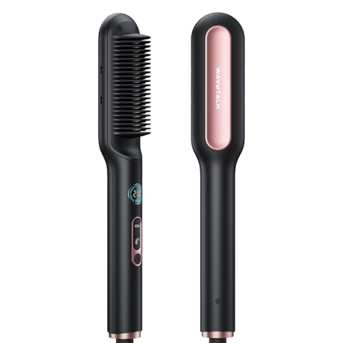 Wavytalk Escova alisadora de cabelo iónico, 2 em 1 alisador de cabelo e escova, proteção anti-queimaduras, pente de alisamento de cerâmica com ecrã para uso em casa e sala de estar, voltagem dupla