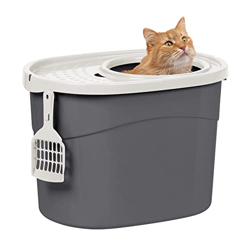 Iris Ohyama Areneiro de gato coberto com pá, até 7 kg, cinzento/branco, caixa de areia para gatos, caixa, para gatos grandes e pequenos, fechado, caça-louças, WC, livre de BPA, Cat Litter Box, TECL-20