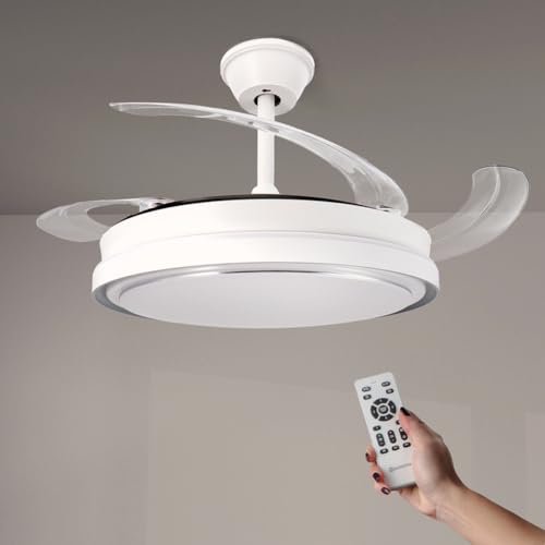 M Mimotec Ventoinha de teto com luz LED White Hood, controlo remoto, motor DC, 6 velocidades, silencioso, pás retráteis, função verão-inverno, temporizador, CCT