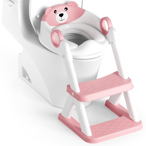 Rabb 1st Adaptador Wc para crianças, dobrável portátil infantil assento sanitário, sanita de treino 2 em 1 para crianças, almofada antiderrapante e anti-picadas, banco de escada