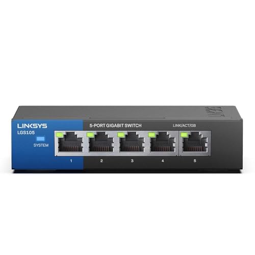 Linksys LGS105-EU Interruptor de rede não gerenciado Gigabit de 5 portas, hub Ethernet para casa e escritório com caixa metálica, montagem em mesa ou na parede, divisor Ethernet, plug and Play