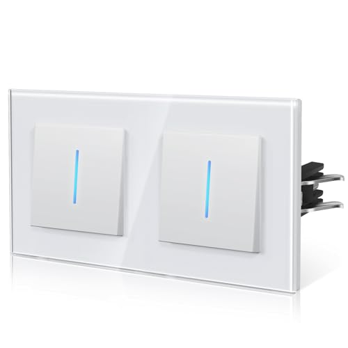 BSEED Interruptor interruptor com vidro, interruptor de parada dupla com gancho, bluetooth com pilotos LED, fácil instalação, fácil de limpar, séries, 1 gangue 2 via, 157 mm branco