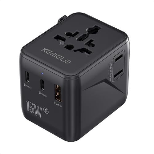 Adaptador de tomada universal carregador de viagem, 5 em 1 adaptador de viagem internacional com 1 USB 2 tipo C, 1 tomada mundial e tomada US/JP, tomada de viagem para UE, UK, EUA, Canadá, Austrália
