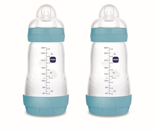 MAM Embalagem de 2 biberões anticólicos, 2-4 meses, 260 ml, com Tetina 2 fluxo médio de silicone de fácil aceitação, auto-esterilizável e fácil de limpar, MAM Easy Start Anti-Colic, azul mate, 2