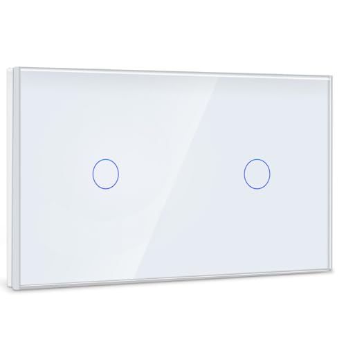 BSEED Interruptor tátil 1 gangue 2 vias + 1 gangue 2 vias, interruptor tátil de parede branco com indicador LED, interruptores de luz de parede com painel de vidro temperado