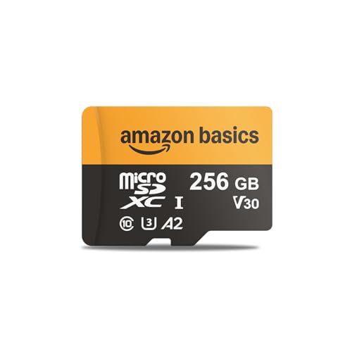Amazon Basics Placa MicroSDXC de 256 GB com adaptador, velocidade de leitura de até 200 MB/s, embalagem de 1