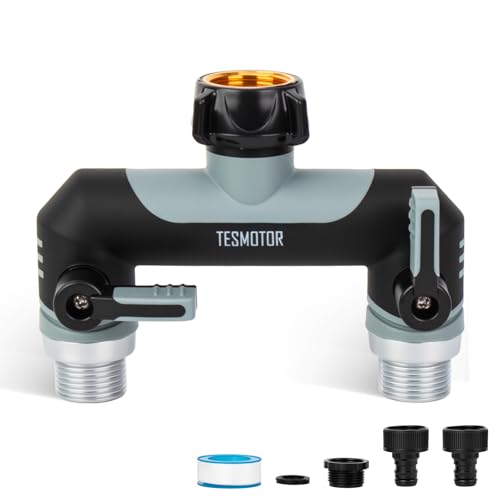 Tesmotor Distribuidor em T de 2 vias para torneiras, 2 distribuidores de 3/4 polegadas, adaptador com válvula de esfera para ajustar e fechar o fluxo de água