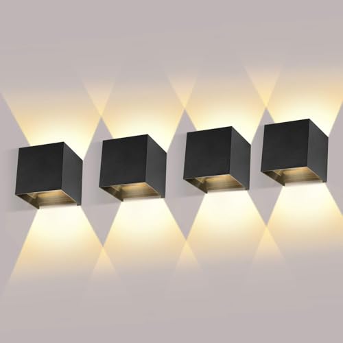 LEDMO 4 peças aplique de parede interior / exterior 12 W aplique exterior parede 3000 K branco quente ângulo de feixe ajustável preto apliques parede LED IP65 impermeável