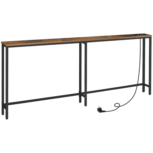 HOOBRO Mesa de consola estreita com tomada de energia e porta USB, mesa de entrada com estação de carregamento, mesa de sofá, mesa auxiliar, para entrada, corredor, castanho rústico e preto