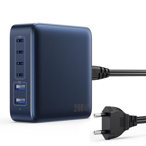200 W Carregador USB C múltiplo, 6 portas GAN III tomada de carregador, 65 W PD+QC carregamento rápido portátil adaptador com 4 tipo C e 2 USB-A carregador móvel para MacBook/iPhone 6/15 / iPad