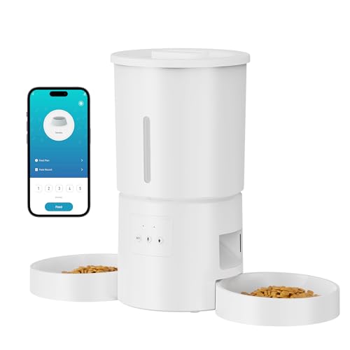Alimentador de gato automático duplo & App: Dispensador automático de 5 L com WiFi 2,4 G e temporizador para comida seca - design de sala de jantar duplo AONBOY para vários gatos e cães - branco