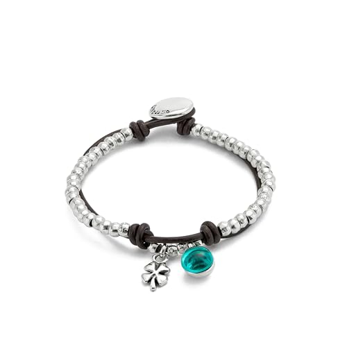 UNO de 50 Pulseira de bolas banhadas em prata de lei com couro e vidro de murano verde