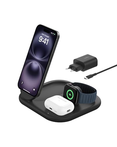 Belkin BoostCharge Carregador magnético dobrável 3 em 1, com Qi2 de 15 W, estação de carregamento rápido compatível com MagSafe, para iPhone 16/iPhone 15, Apple Watch, AirPods, base antiderrapante,