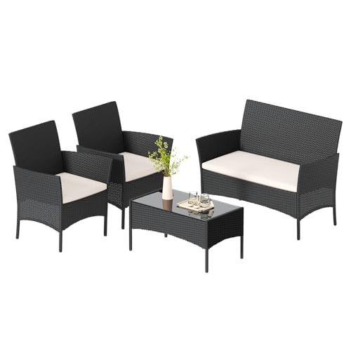 Bigzzia Conjunto de móveis de jardim de ratan, 4 peças, móveis de vime para pátio, sofá de tecido de vime, inclui 2 poltronas, 1 sofá de assento duplo e 1 mesa