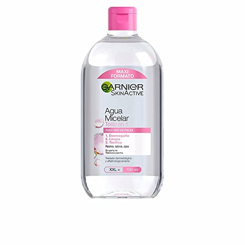 Garnier Skin Active, água mista clássica tudo em um, desmaquilhante, limpador facial, limpeza facial, lábios e olhos, sem enxaguar, para todos os tipos de pele, formato máxi, 700 ml