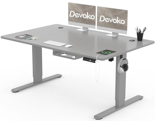 Devoko 140 x 80 cm mesa elétrica de carga tipo C, mesa para computador ajustável em altura com bandeja de gestão de cabos e memória de 3 funções, cinzento com rodas