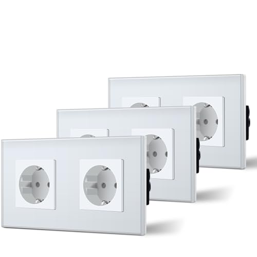 BSEED Tomada de parede 2 tomadas padrão Schuko com painel de vidro 16A instalação fácil 157 mm branco, 3 pacotes