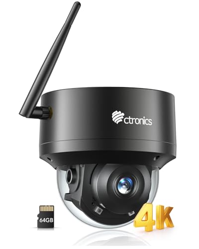 Ctronics 4K 8MP PTZ Câmara de vigilância WiFi exterior, IP câmara WiFi 5G/2,4 G deteção humana/veículo / animal de estimação, acompanhamento automático, visão noturna UHD, 64G TF cartão incluído, PC