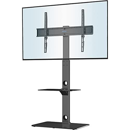 BONTEC Suporte TV de pé universal para TV de 30 a 70 polegadas de plasma LED OLED LCD, ajustável em altura, suporte para televisão com piso com prateleiras de vidro temperado de 2 níveis, até 40 kg,