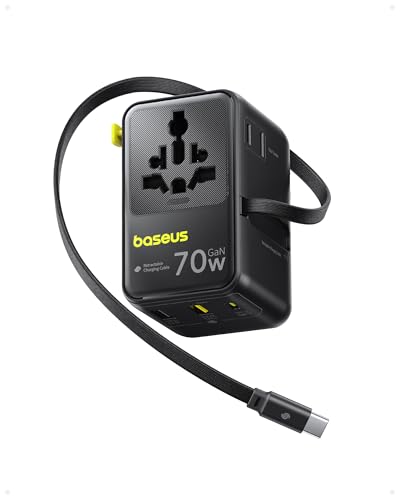 Baseus Enercore 70 W adaptador de tomada universal com cabo retro, 2 AC 2 USB A 1 USB C, adaptador de alimentação internacional para EUA. EUA, Reino Unido, Japão, Tailândia, Austrália