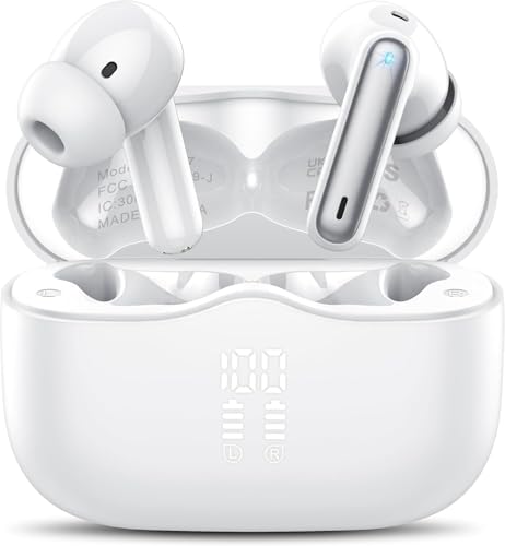 Auriculares sem fios Bluetooth, auriculares Bluetooth 5.4, 40H HiFi estéreo com redução de ruído 4 Mic, IP7 impermeável capacetes sem fios com ecrã LED, carregamento rápido, ajuste confortável, branco