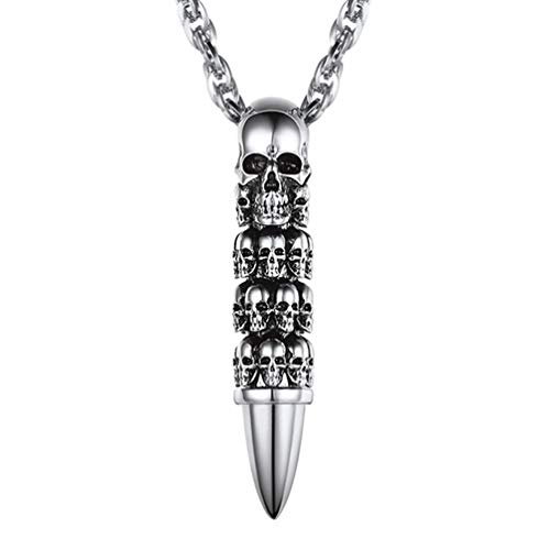 PROSTEEL Pingente de caveiras bala/pena/crânio com corrente 55 + 5 cm bijuteria gótica hip-hop rock para homens mulheres, aço inoxidável cor prata dourado preto (com caixa de presente)
