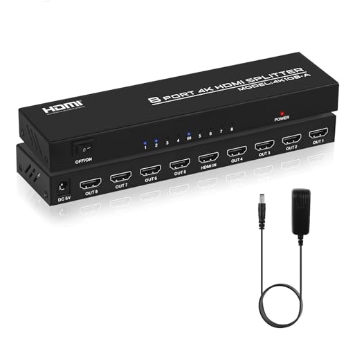 TCNEWCL Divisor HDMI 1 entrada 8 saídas, 1 x 8 Splitter HDMI 4K 30 Hz Distribuidor de áudio e vídeo suporte 3D dobrado/espelho 8 ecrã para HDTV, Xbox, PS4, reprodutor de Blue-Ray, projetor