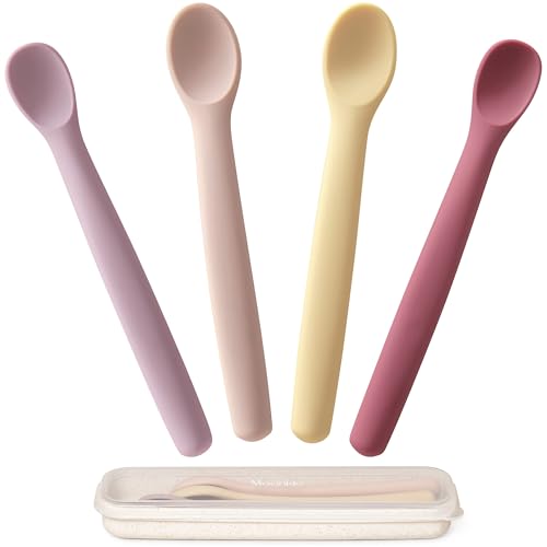 Moonkie Colher de aprendizagem para bebé, 4 peças de silicone, para a primeira fase do bebé, mangas para auto-alimentação e desmame orientado