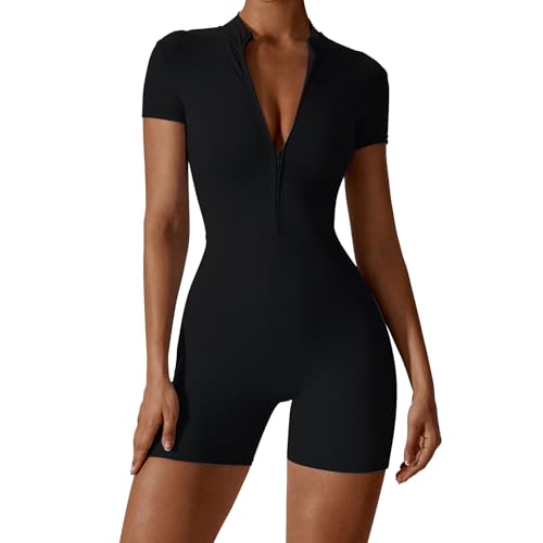 Litthing Macacão desportivo mulher curto roupa desportiva com fecho de correr elásticos mangas curtas Jumpsuit sexy ajustado bodysuit uma peça Push Up Fitness Body Overol