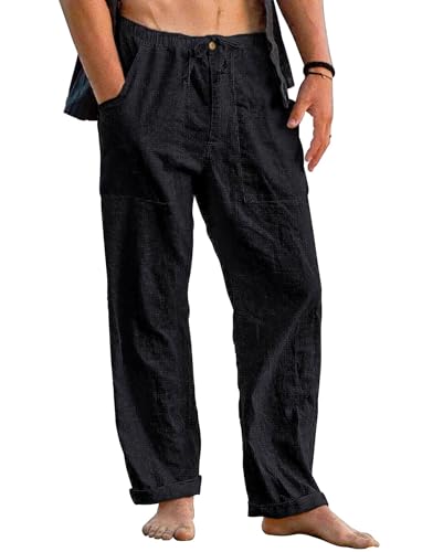 Cegerne Calças de linho para homem calças leves de verão calças casuais de corte folgado com cordão para a praia todos os dias