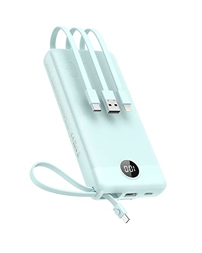 Power Bank 20000 mAh, VEEKTOMX Bateria externa USB C carregador portátil com cabos integrados, 5 saídas e 2 entradas Powerbank compatível com iPhone/Samsung/Huawei/Tablet, viagem essencial (azul)