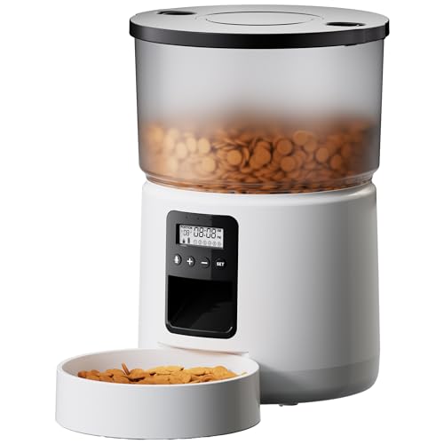 BEMOONY Alimentador de gato automático, distribuidor de comida gatos com temporizador programável, 1 - 6 refeições por dia, sala de jantar automático gato com pressão na tampa e função de gravação de