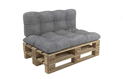 POKAR 2 Almofadas europaleses/europalet adaptadas: 1 x almofada - assento 120 x 60 x 12 cm + 1 x almofada - encosto 120 x 60 x 12 cm, para sofá de paletes, interior e exterior, sem paletes, cinzento