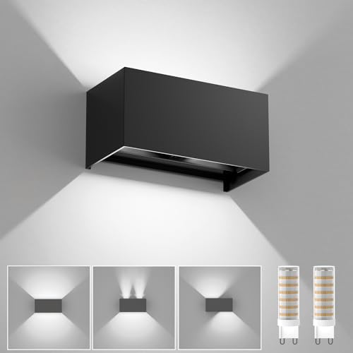 YrgePowk Aplique parede LED com lâmpadas LED G9 substituíveis, lâmpada de parede interior / exterior branco frio 6000 K aplique parede exterior impermeável IP65 ângulo de feixe ajustável preto