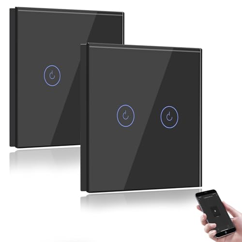 BSEED Interruptor de parede WiFi, interruptor Smart 2 Gang 2 vias com ecrã tátil preto, compatível com Alexa e Google Home, controlo de APP e função de temporizador-2 pacote【Neutro】
