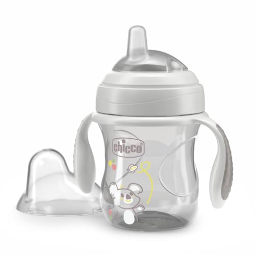 Chicco Copo de transição, copo anti-gotejamento para bebé de 200 ml, com ergonómico de silicone, válvula dupla anti-gotejamento e 0% BPA, 4 m +, cinzento